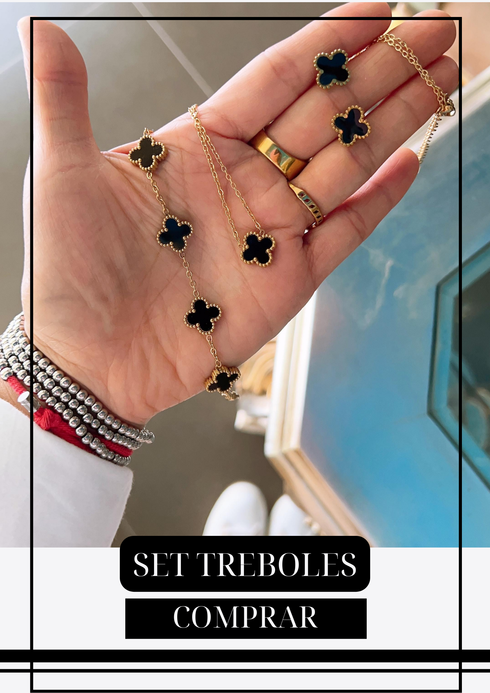 SET Tréboles: Collar, Pulsera y Aretes Van C.A. Negros