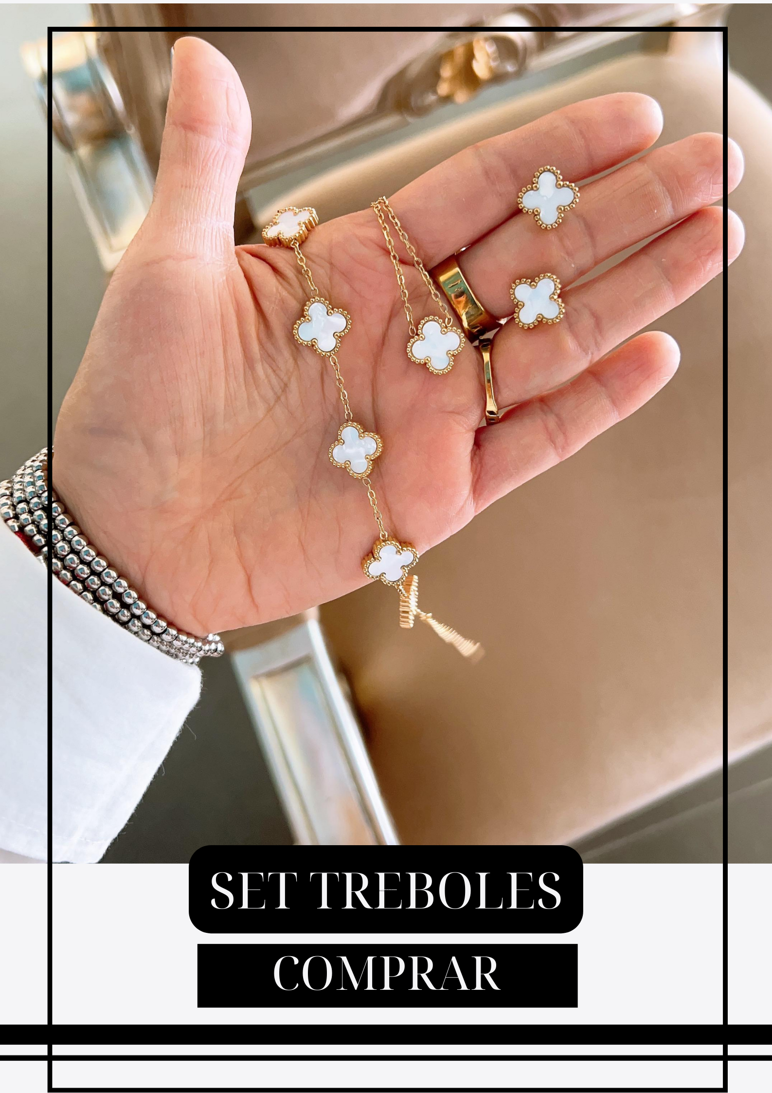 SET Tréboles: Collar, Pulsera y Aretes Van C.A. Blancos