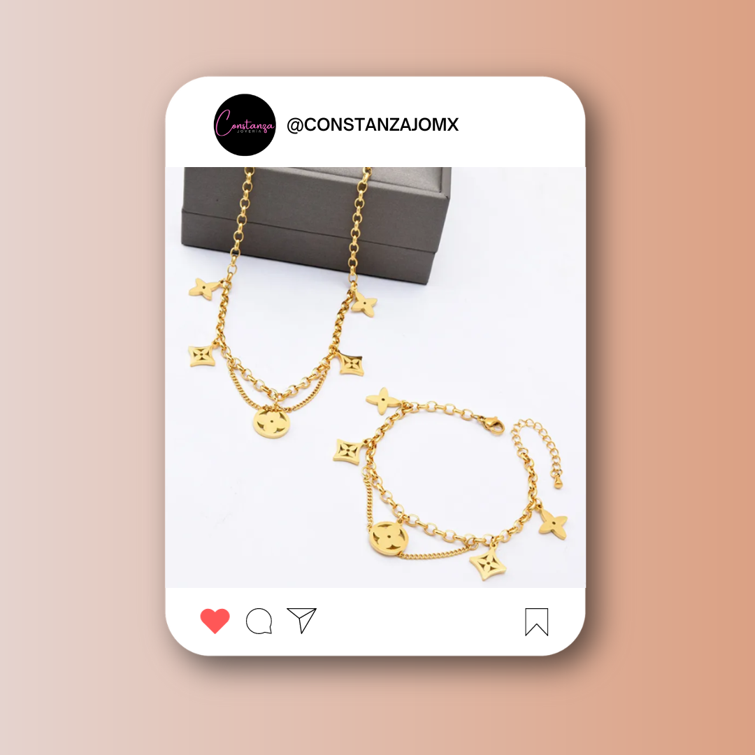 SET: Collar y Pulsera Dijes LV Dorado