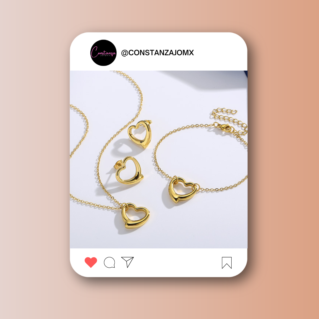 SET: Collar, Pulsera y Aretes Corazones Al Viento Dorados