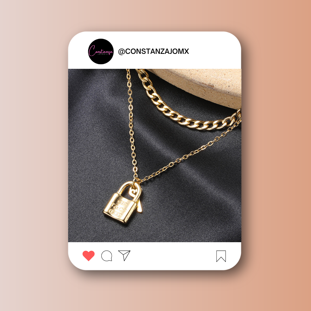 Collar Doble Candado y Llave Tiff Dorado