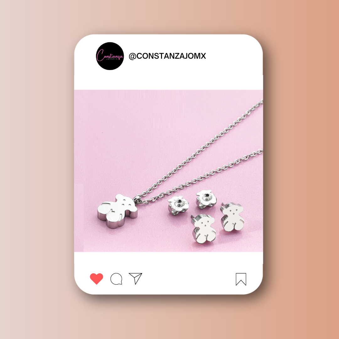 SET: Clásico Collar y Aretes Ositos Plateado