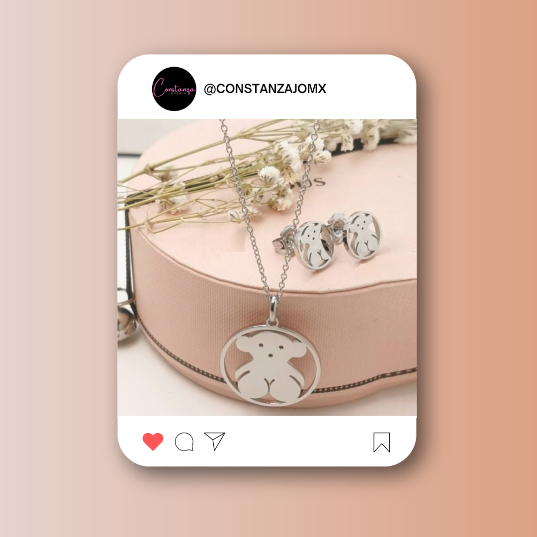 SET: Collar y Aretes Círculos Plateados Osito