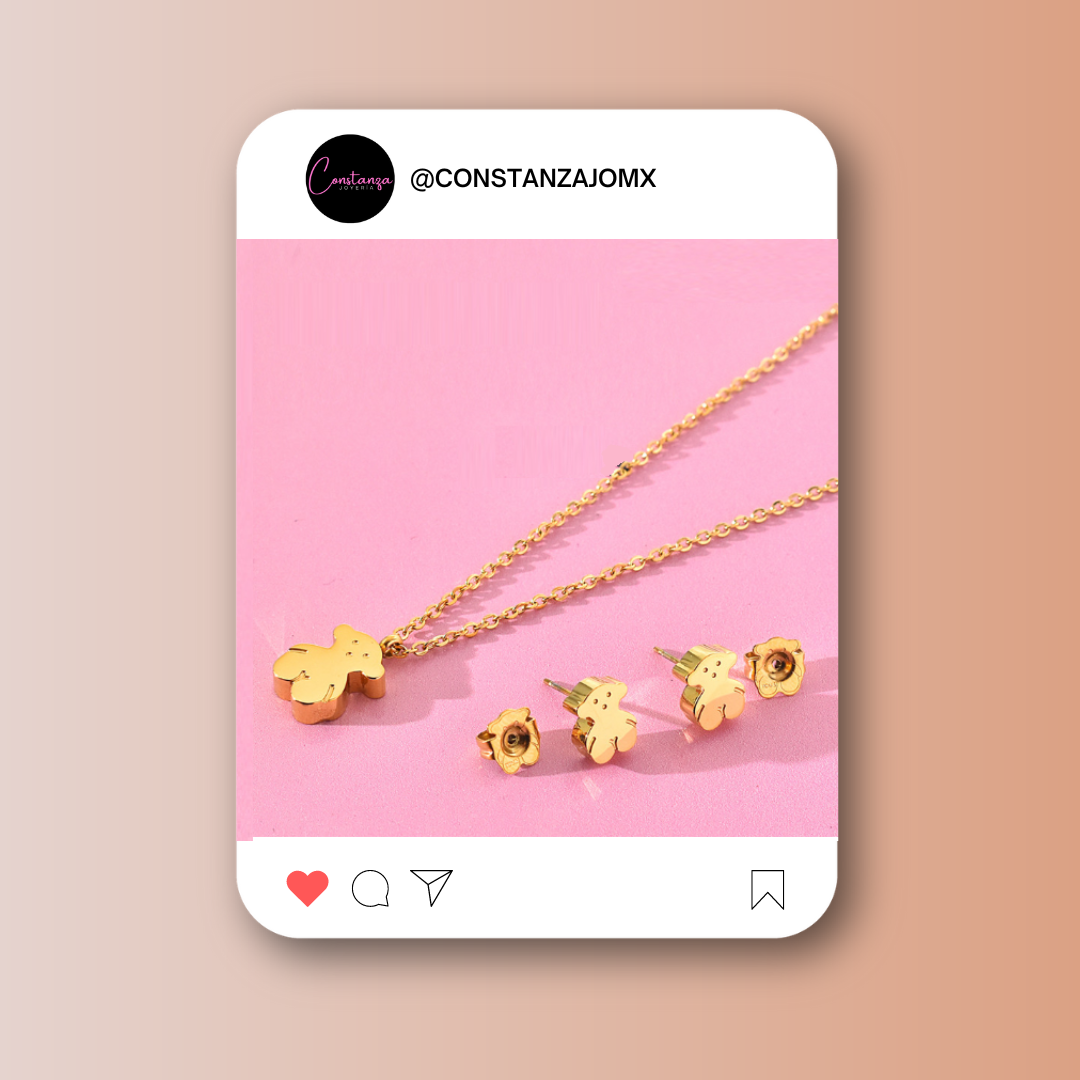 SET: Clásico Collar y Aretes Ositos Dorado