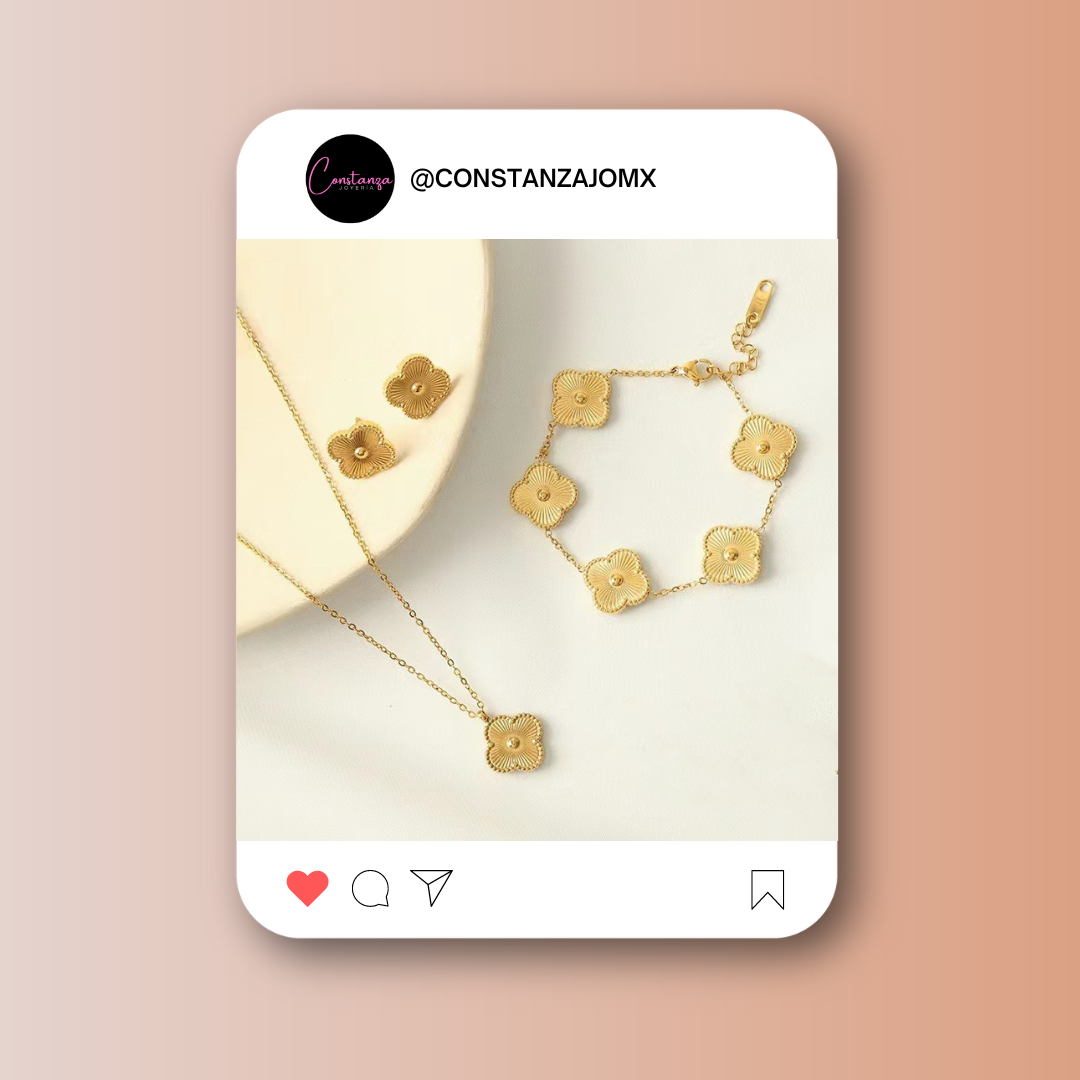 SET Tréboles: Pulsera, Collar y Aretes Van C.A. Dorado