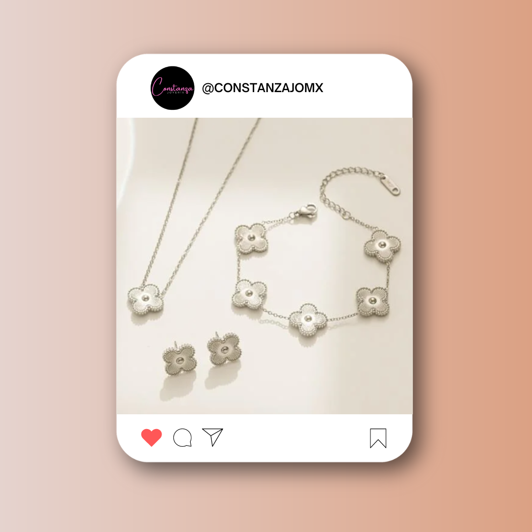 SET Tréboles: Collar, Pulsera y Aretes Van C.A. Plateado