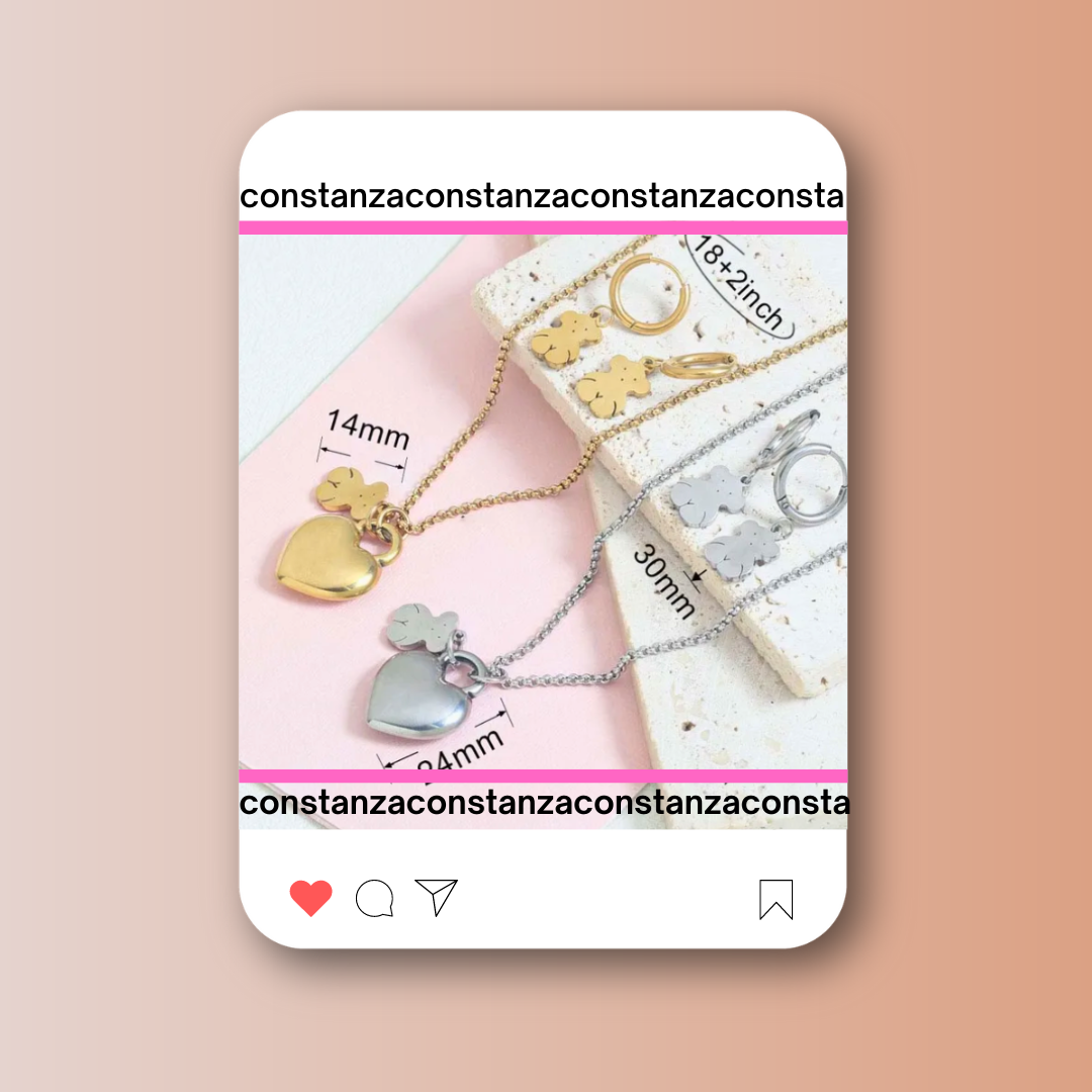 SET: Collar y Aretes Corazón Ositos Plateados