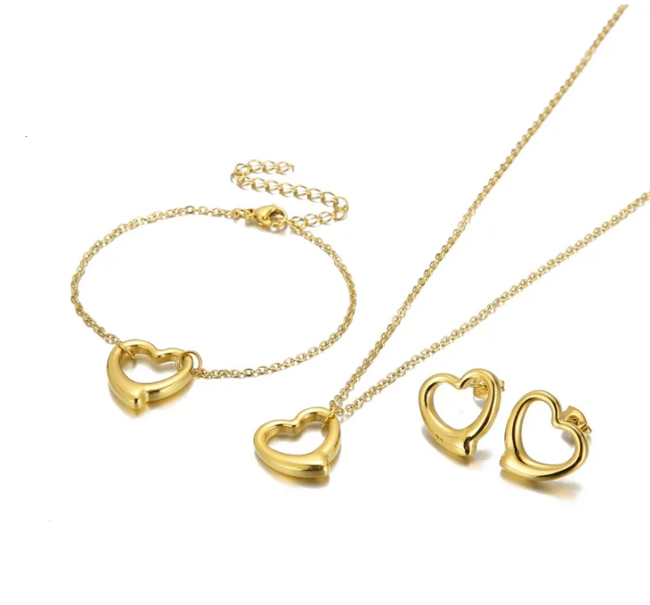 SET: Collar, Pulsera y Aretes Corazones Al Viento Dorados