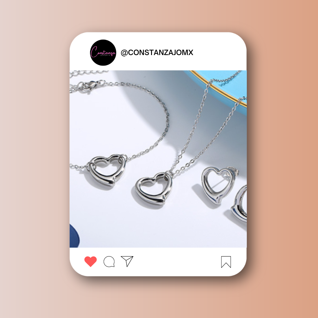 SET: Collar, Pulsera y Aretes Corazones Al Viento Plateado