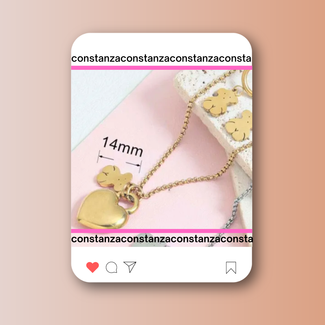 SET: Collar y Aretes Corazón Ositos Dorados