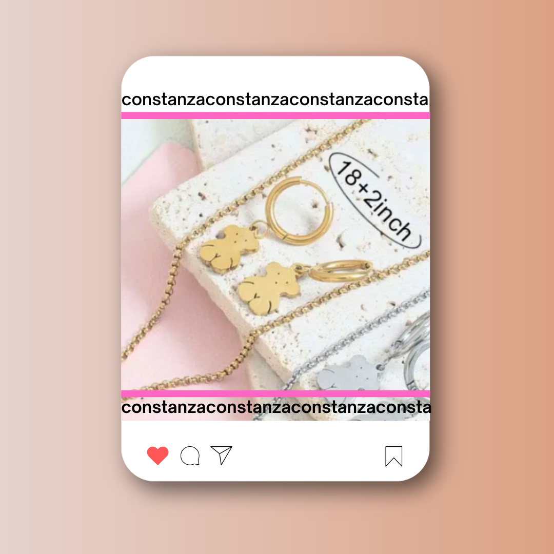 SET: Collar y Aretes Corazón Ositos Dorados