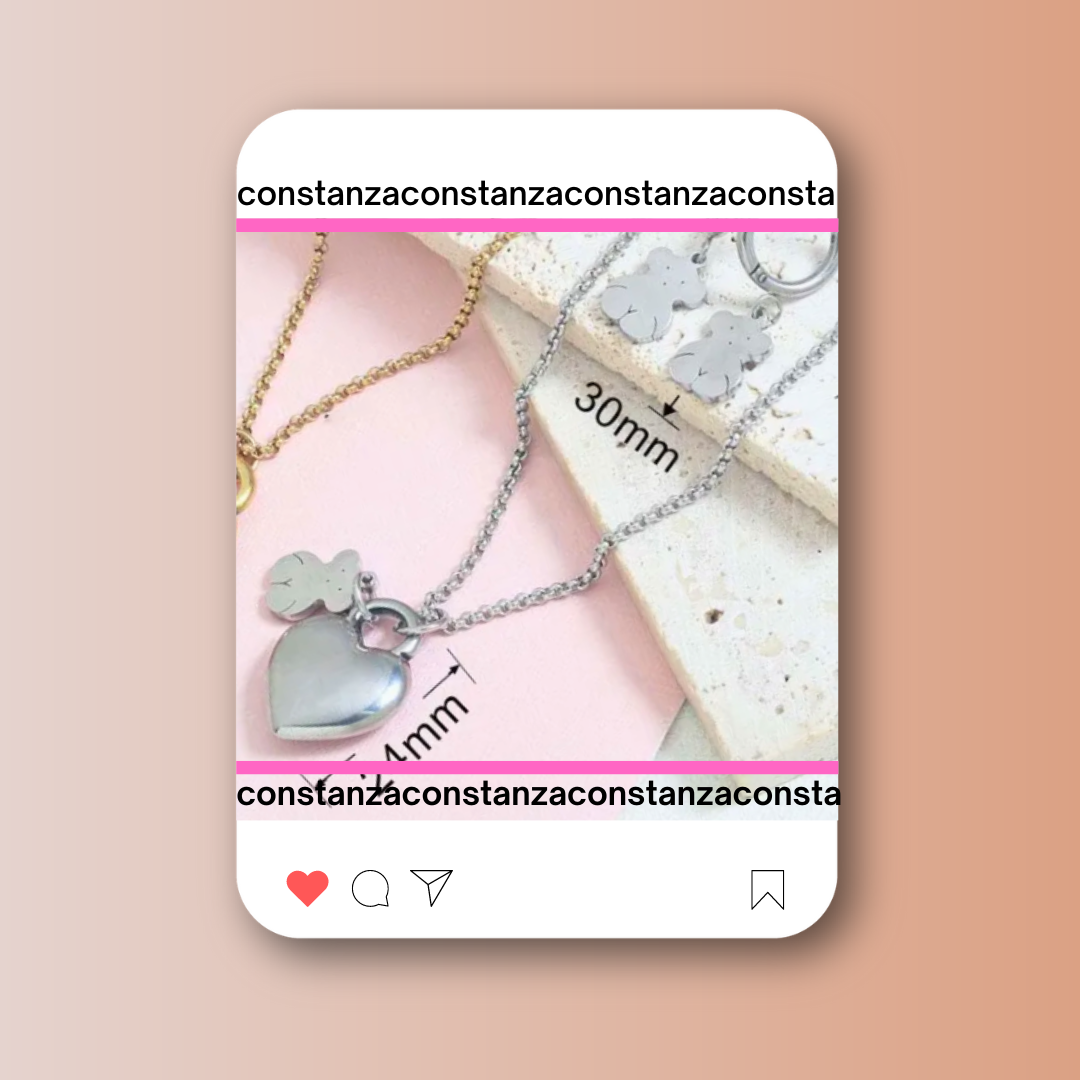 SET: Collar y Aretes Corazón Ositos Plateados