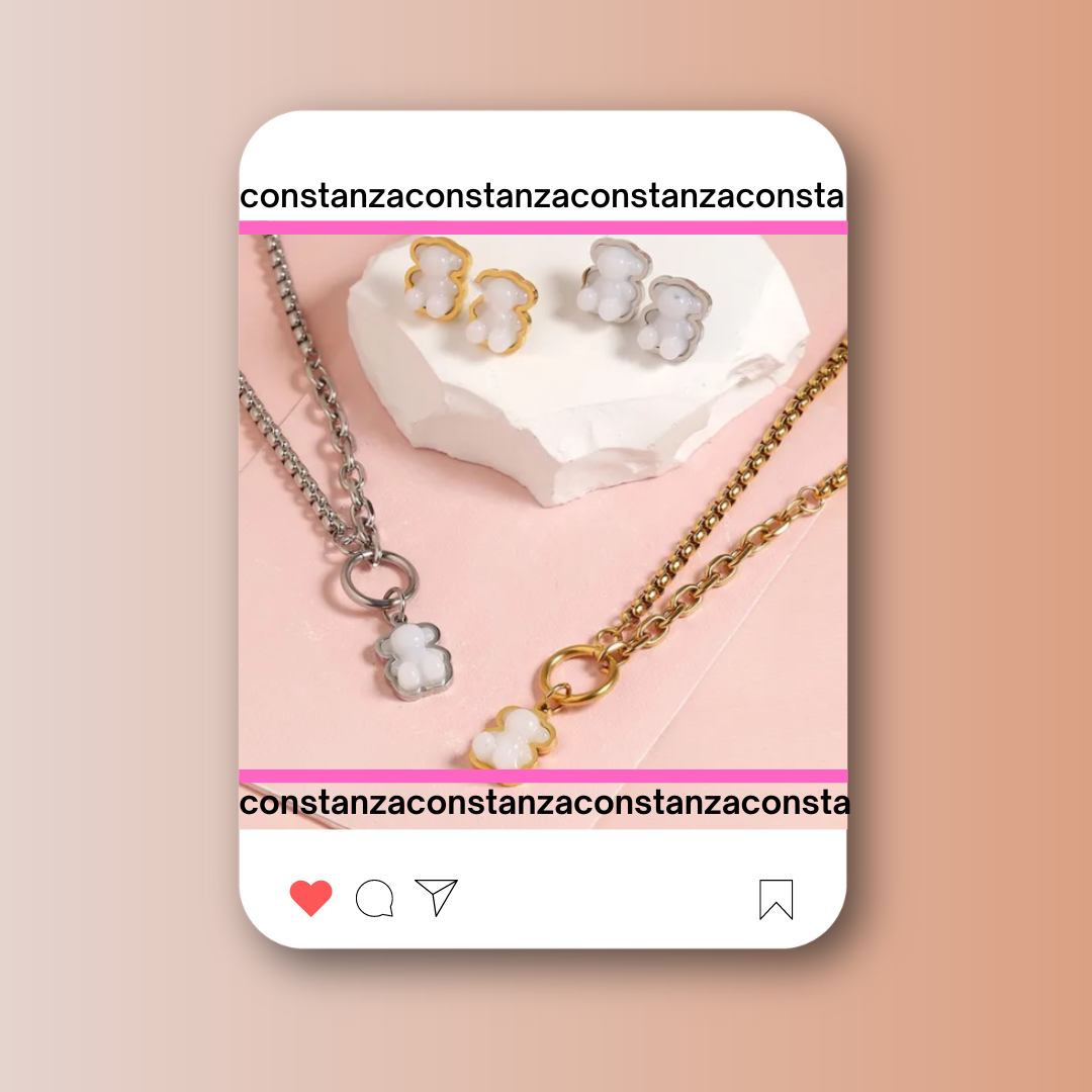SET: Collar y Aretes Ositos 3D Plateados