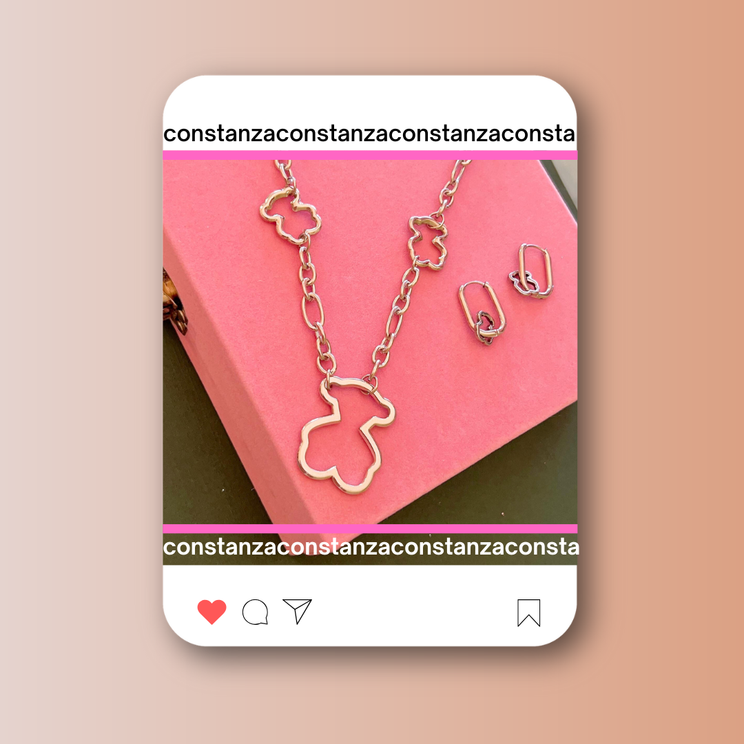 SET: Collar y Aretes Silueta Ositos Plateados