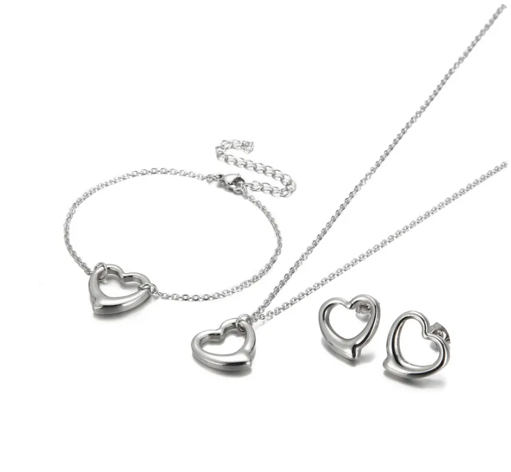 SET: Collar, Pulsera y Aretes Corazones Al Viento Plateado